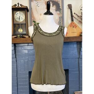 Vintage Eddie Bauer S Y2K Cami Tank Top Sage Green Lace Layer Cotton